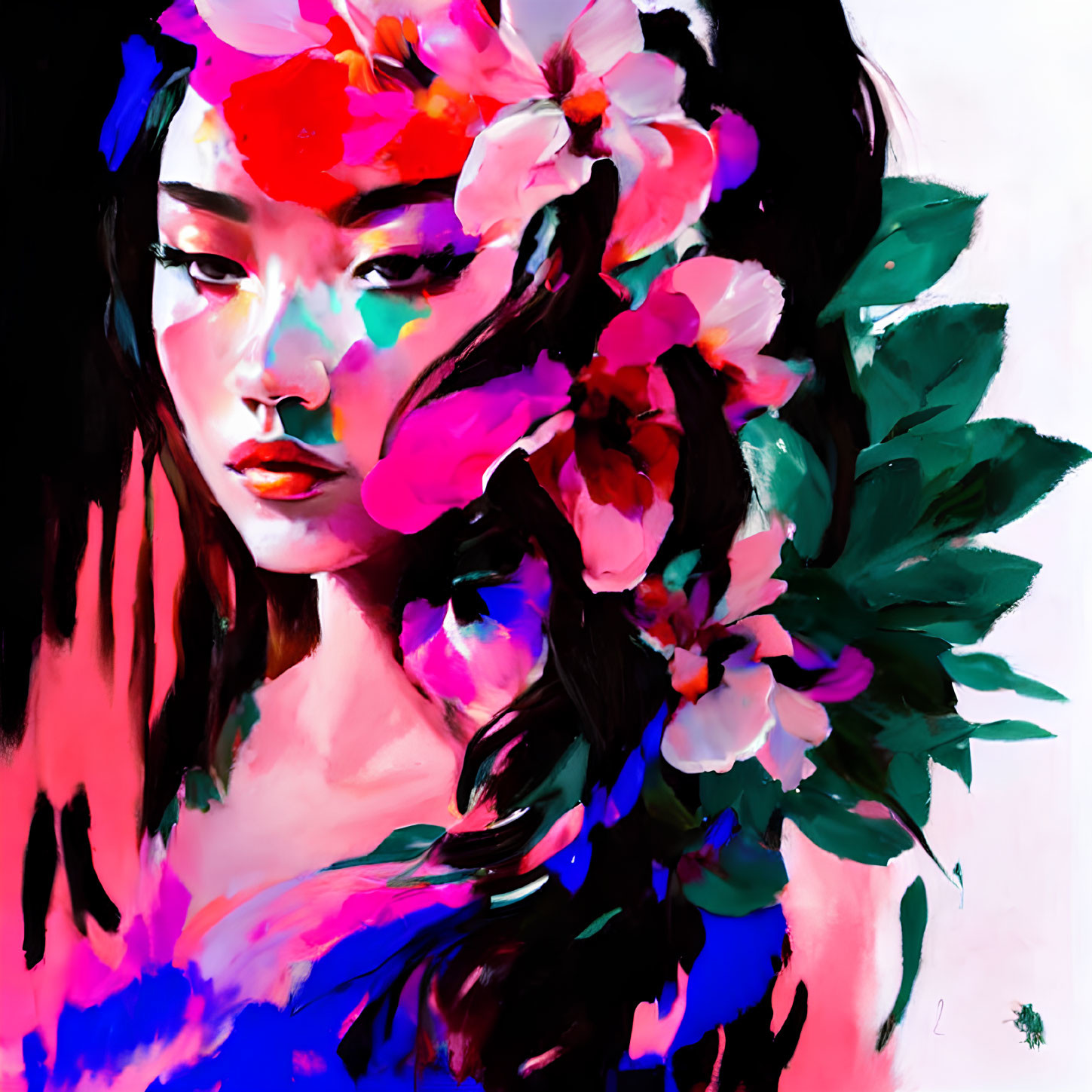 Colorful digital painting: Person with flower-adorned hair in bold pink and red tones