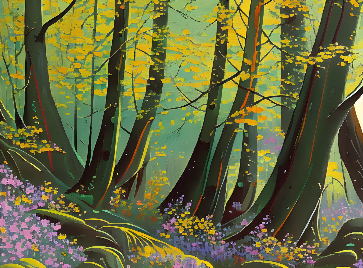 Vibrant forest scene with colorful flowers, green grass, and dark tree trunks