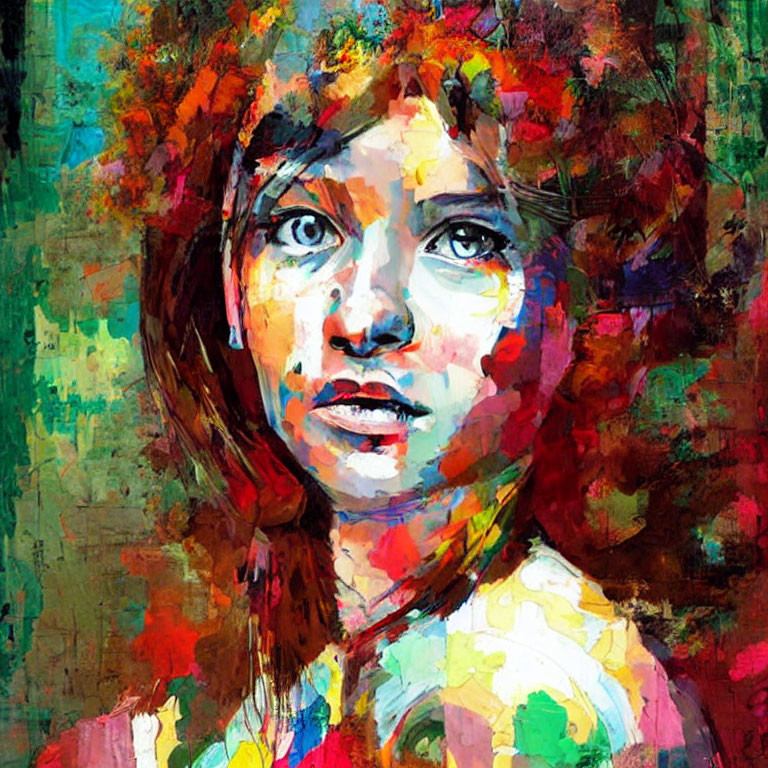 Vibrant abstract portrait of a woman with floral patterns and paint splashes