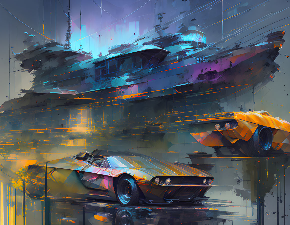 Vibrant futuristic cityscape with flying cars and neon colors