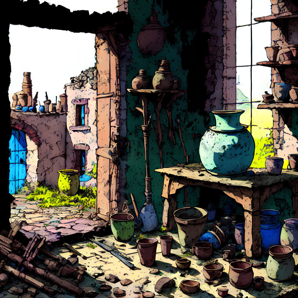 Vibrant pottery workshop illustration with rustic ceramics and backdrop.