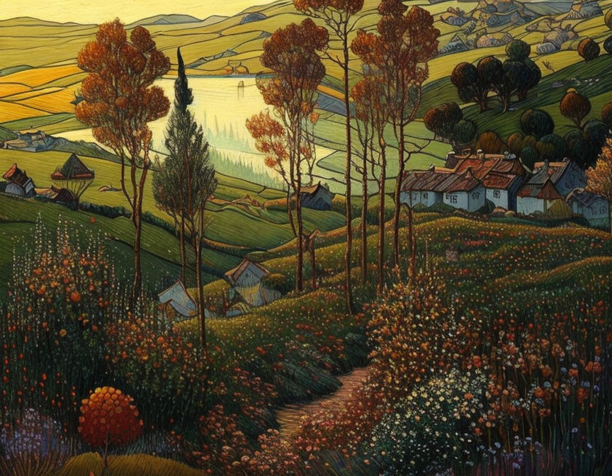 Colorful rural landscape painting with rolling hills and autumn trees