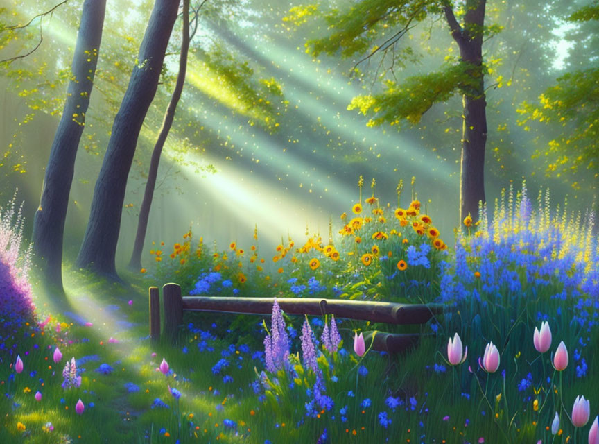 Tranquil forest landscape with sunlight, wildflowers, and wooden bench