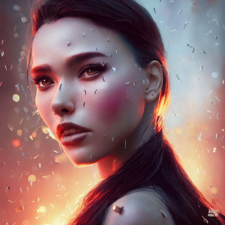 Digital artwork of woman with luminescent complexion and glowing embers, set against warm background