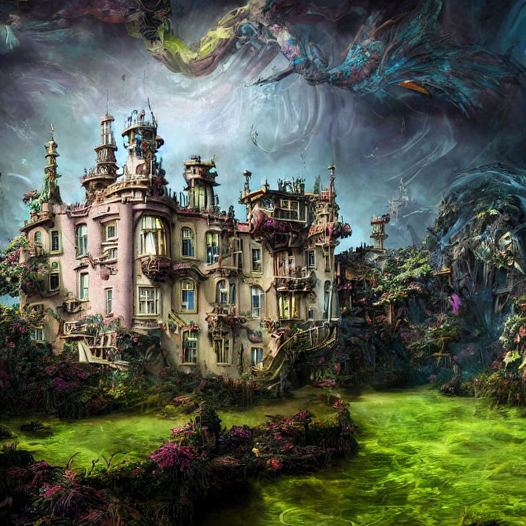 Surreal artwork: Intricate castle in vibrant landscape under stormy sky