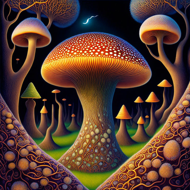 Surreal Landscape with Oversized Colorful Mushrooms