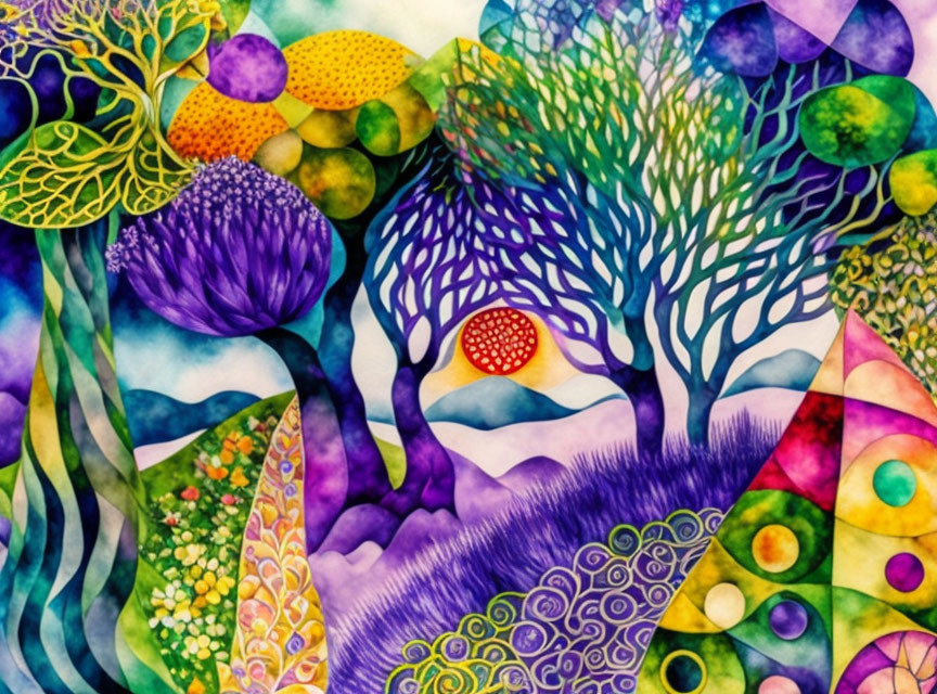 Colorful Abstract Watercolor Painting with Tree, Hill, and Flora Motifs