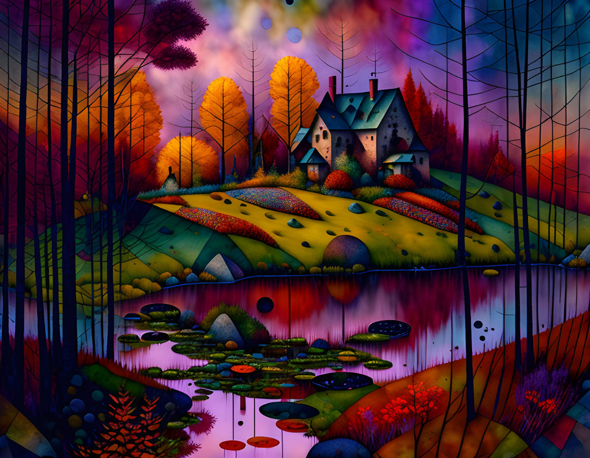 Colorful Whimsical Landscape with Autumnal Trees and Sunset Sky