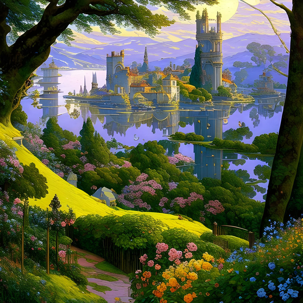 Fantasy landscape with castle, lush terrain, lake, and golden-hour sky