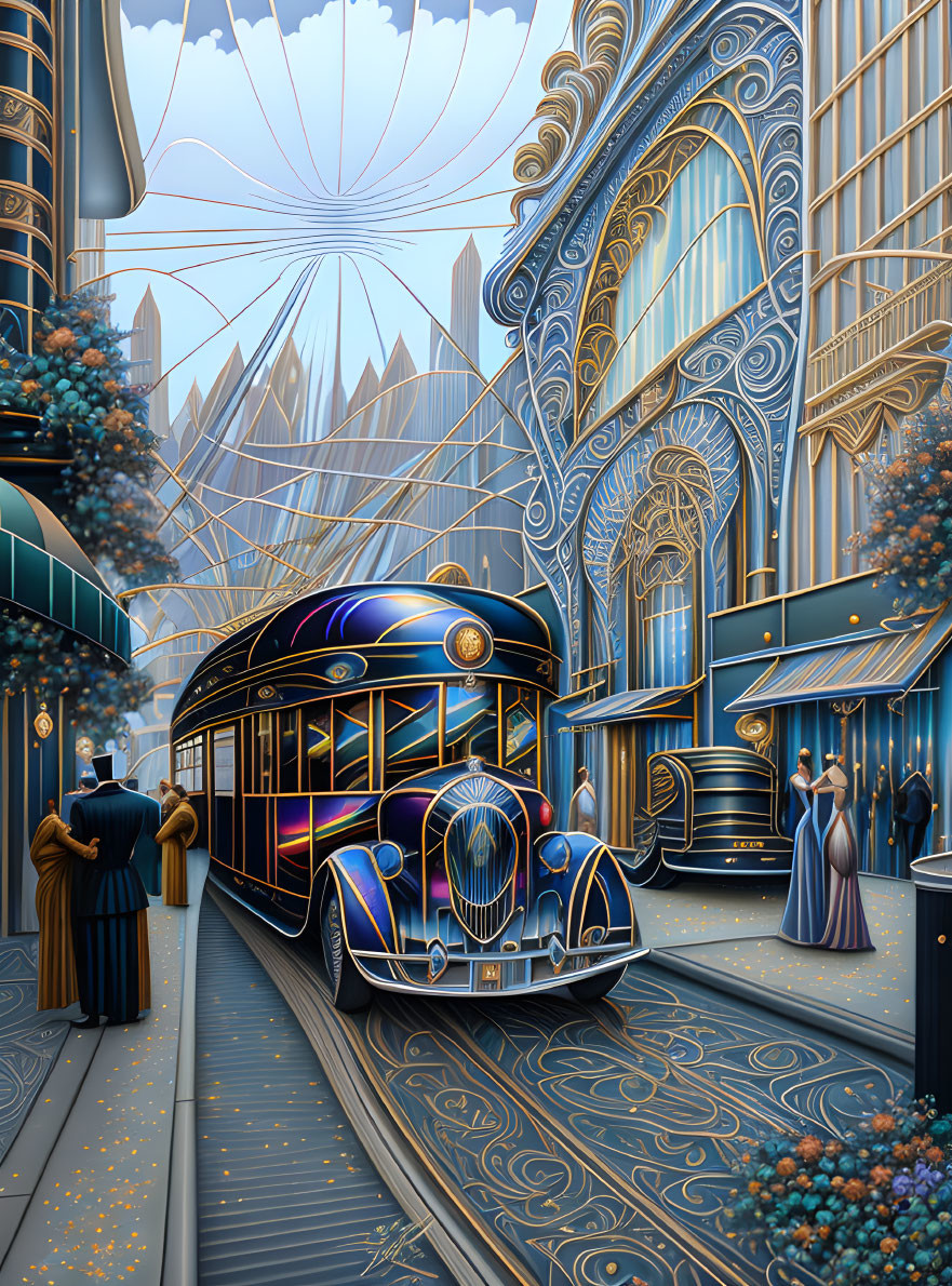 Detailed Art Nouveau Cityscape with Retrofuturistic Tram & Elegant Figures