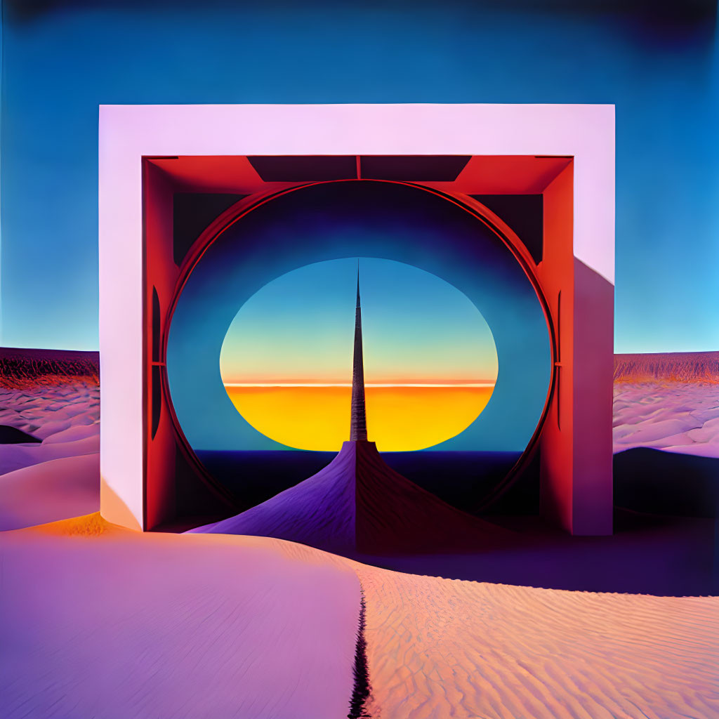 Geometric portal frames colorful sky over desert peak