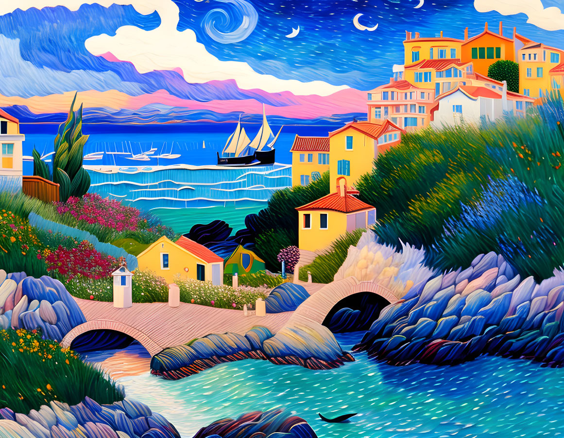 Colorful Coastal Village Painting with Sailboat and Whimsical Sky