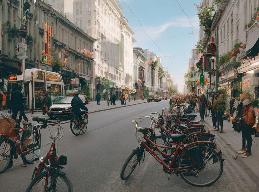 City street scene with buildings, bicycles, pedestrians, and tram under clear sky