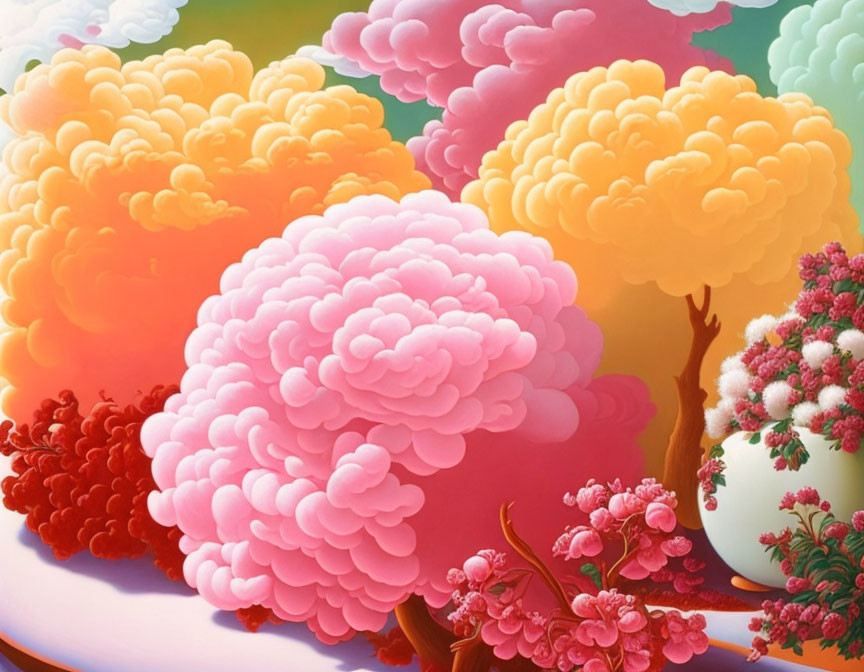 Colorful Artwork: Fluffy Trees in Pink, Orange, and Yellow with Flowers