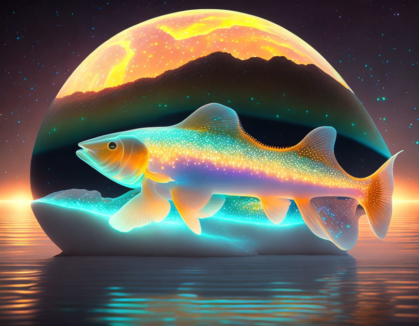 Ethereal glowing fish with starry texture in serene water setting