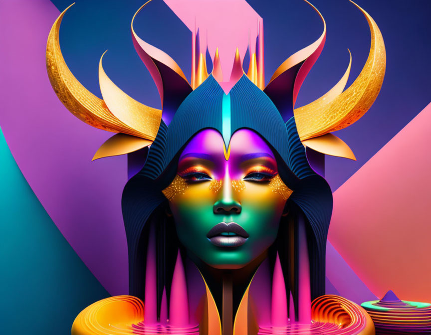 Colorful digital artwork: stylized female figure with horns and headdress