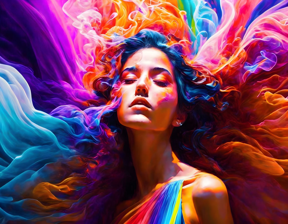 Colorful Smoke-Like Effects Surrounding Woman's Serene Expression