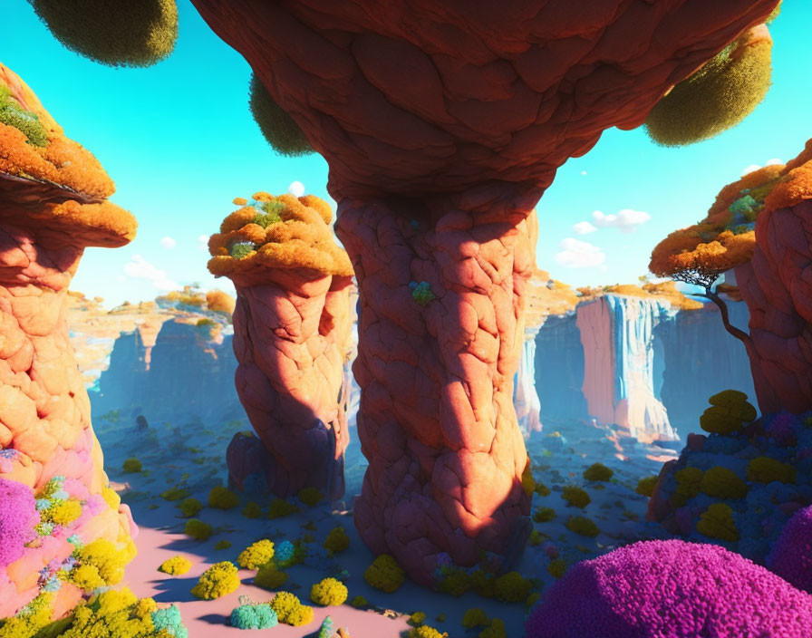 Vibrant otherworldly landscape with towering red rock formations