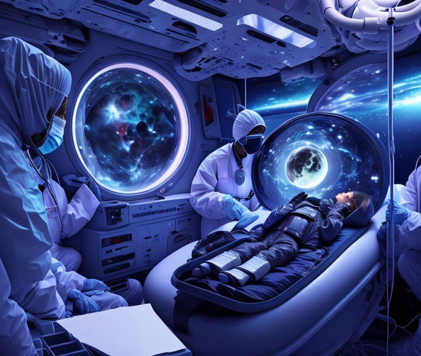 Astronauts in spacecraft medical bay with view of outer space