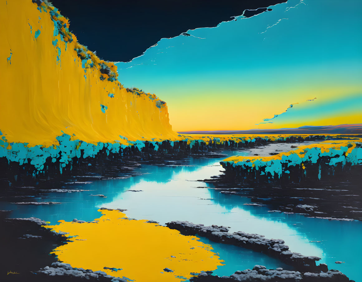 Surreal landscape artwork: river with yellow banks, dark blue sky