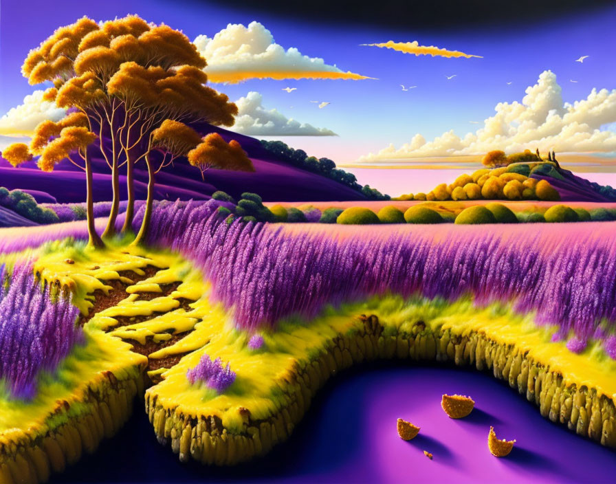 Colorful landscape with purple fields, golden trees, cobblestone path, boats, river, twilight