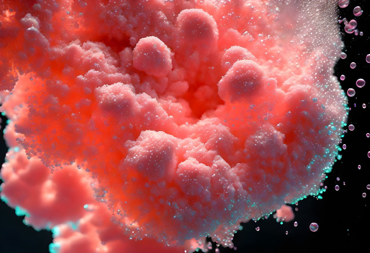 Vibrant red and pink coral-like structure with suspended particles on dark background