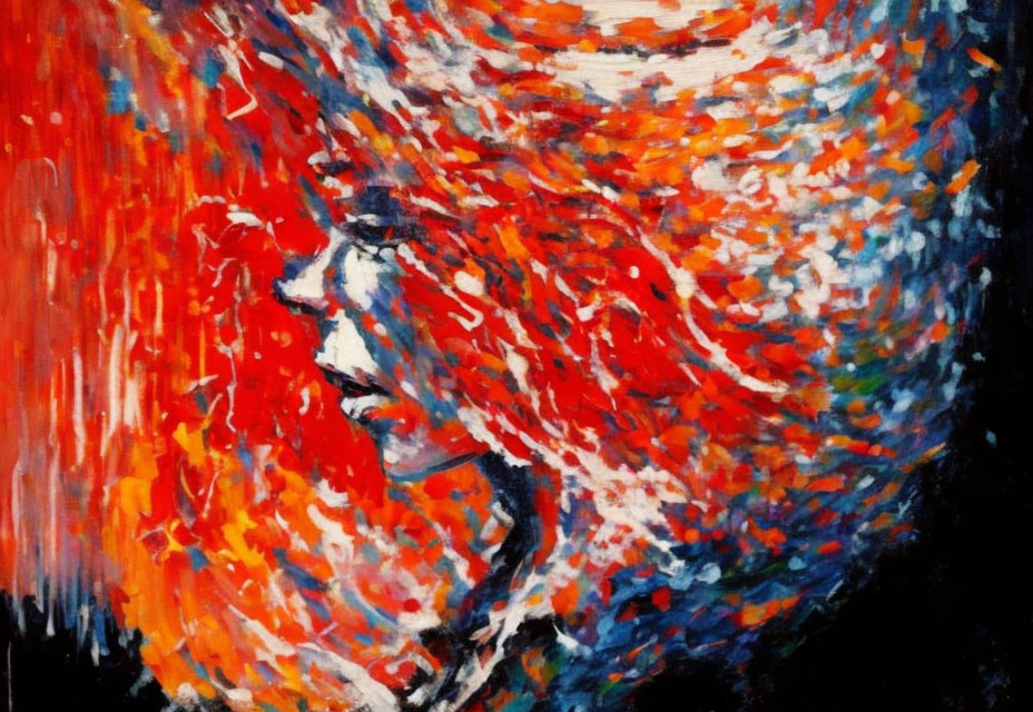 Vibrant red, orange, and white abstract profile painting on black background