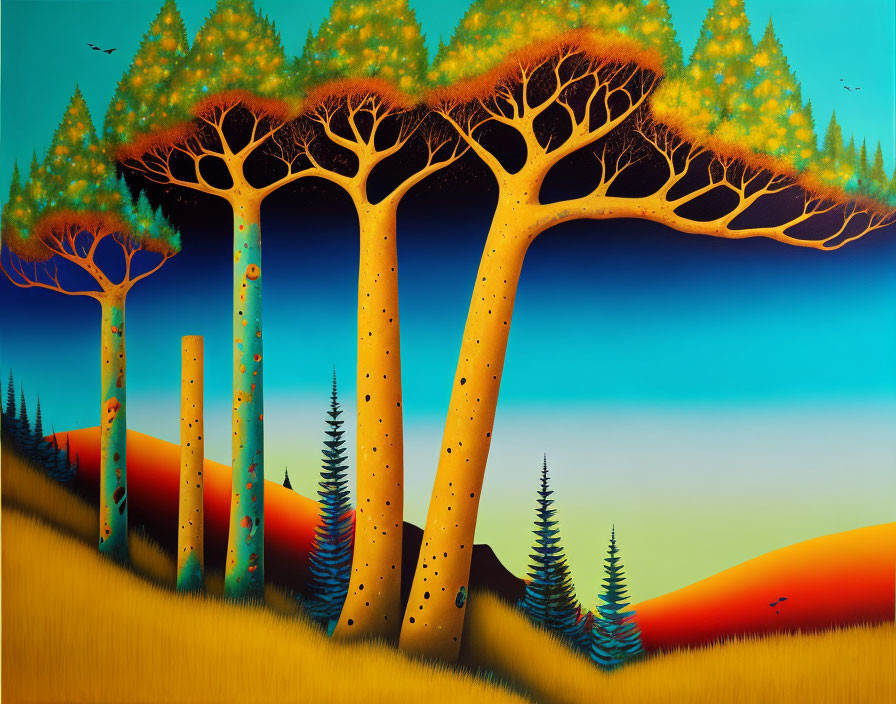 Colorful Landscape with Tall, Slender Trees and Birds