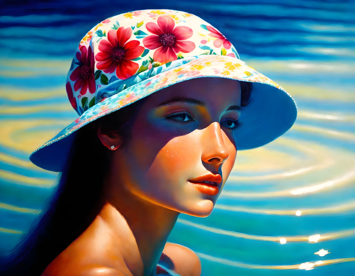 Woman with floral hat against blue water background