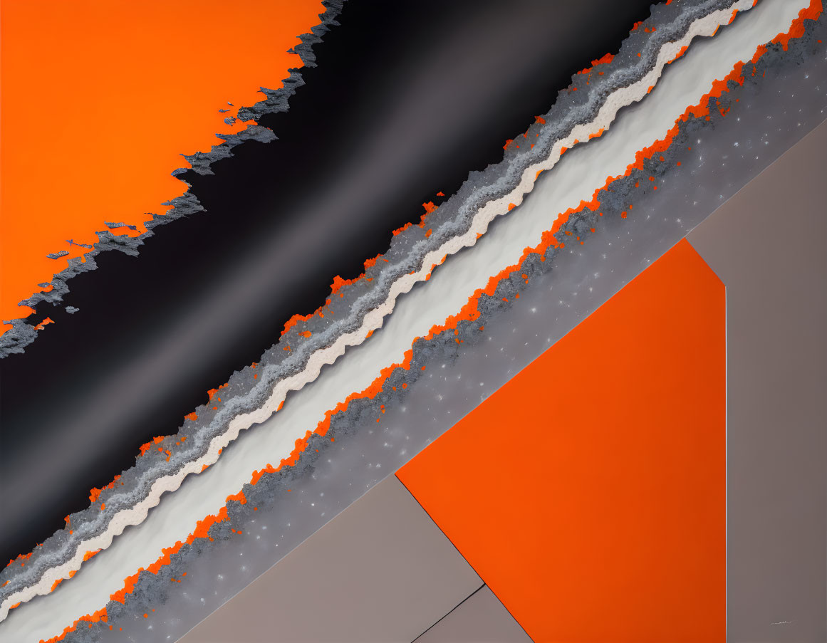 Abstract digital artwork with diagonal composition and textured gray, black bands, and bright orange sections.