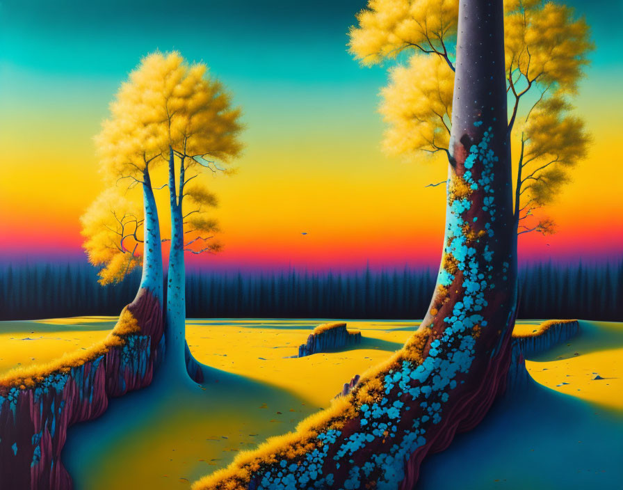 Vibrant surreal landscape: blue trees, golden foliage, orange and teal sky