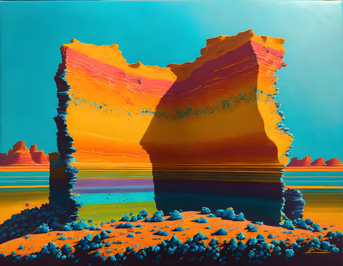 Colorful surreal landscape with layered rock formations under teal sky