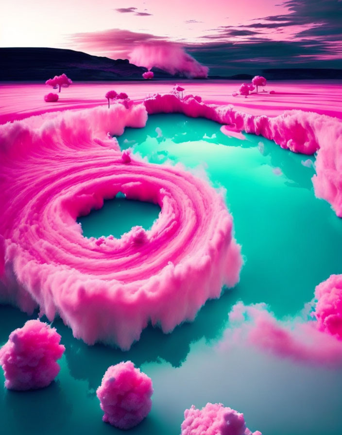 Surreal pink and cyan landscape with whimsical spiral pattern and fluffy pink clouds