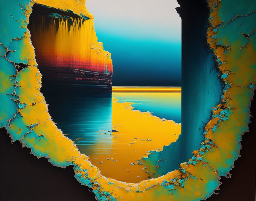 Vibrant abstract artwork: teal chasm, golden hues, dark blue-black gradient