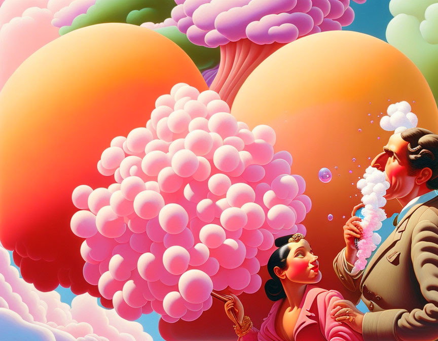 Colorful Bubblegum Bubbles Illustration with Man and Woman