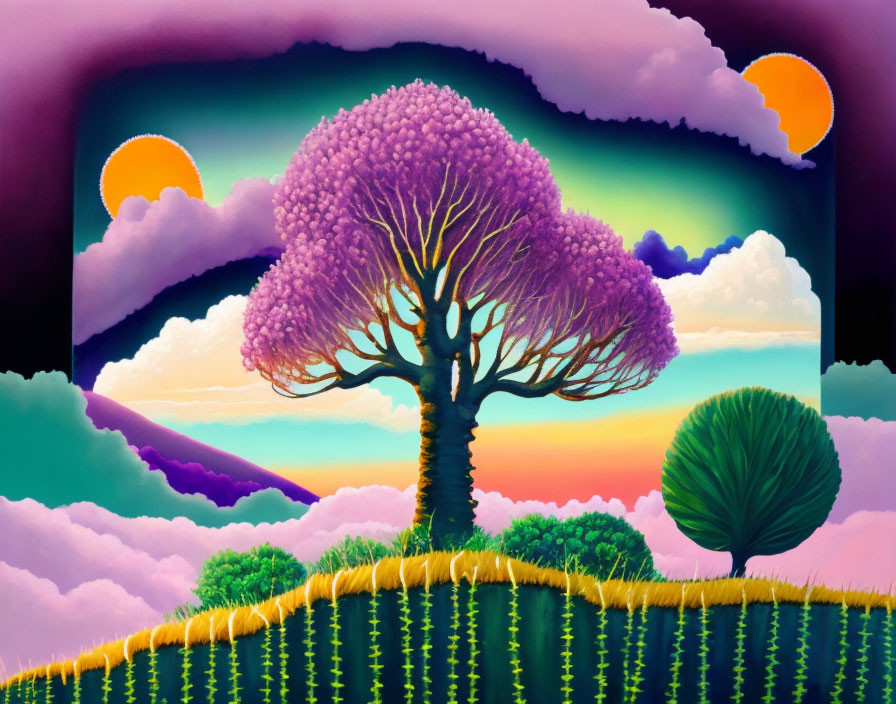 Colorful Fantasy Landscape with Purple Tree and Dual Suns