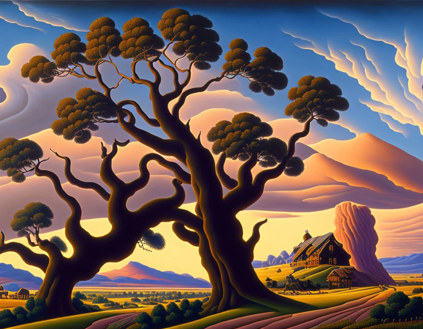 Twisted trees, whimsical house, vibrant fields under dramatic sky