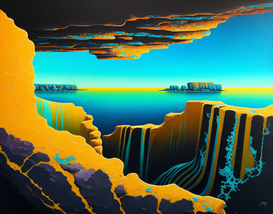 Surrealist landscape with yellow and orange cliffs and cascading water