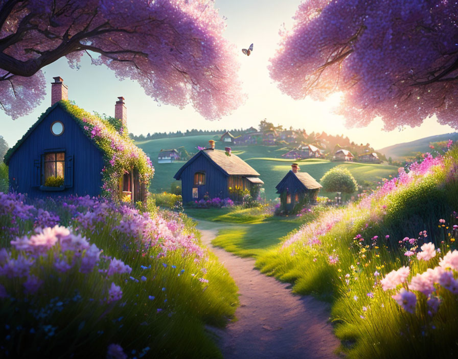 Tranquil countryside landscape with blue cottages, purple trees, green hills, and sunset glow.