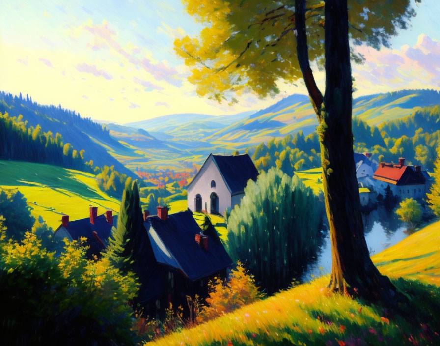 Lush Valley Painting with Traditional Houses and Verdant Hills