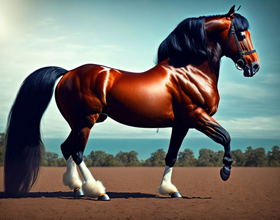 Majestic bay horse with shiny coat and black mane trotting against serene sky