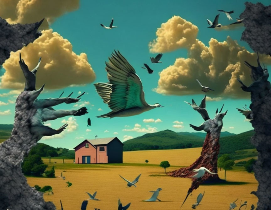 Surreal landscape with flying birds, central bird, trees, and house