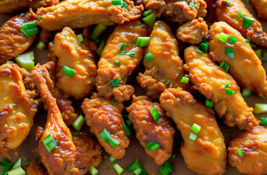 Crispy golden fried chicken wings with green onions on plate