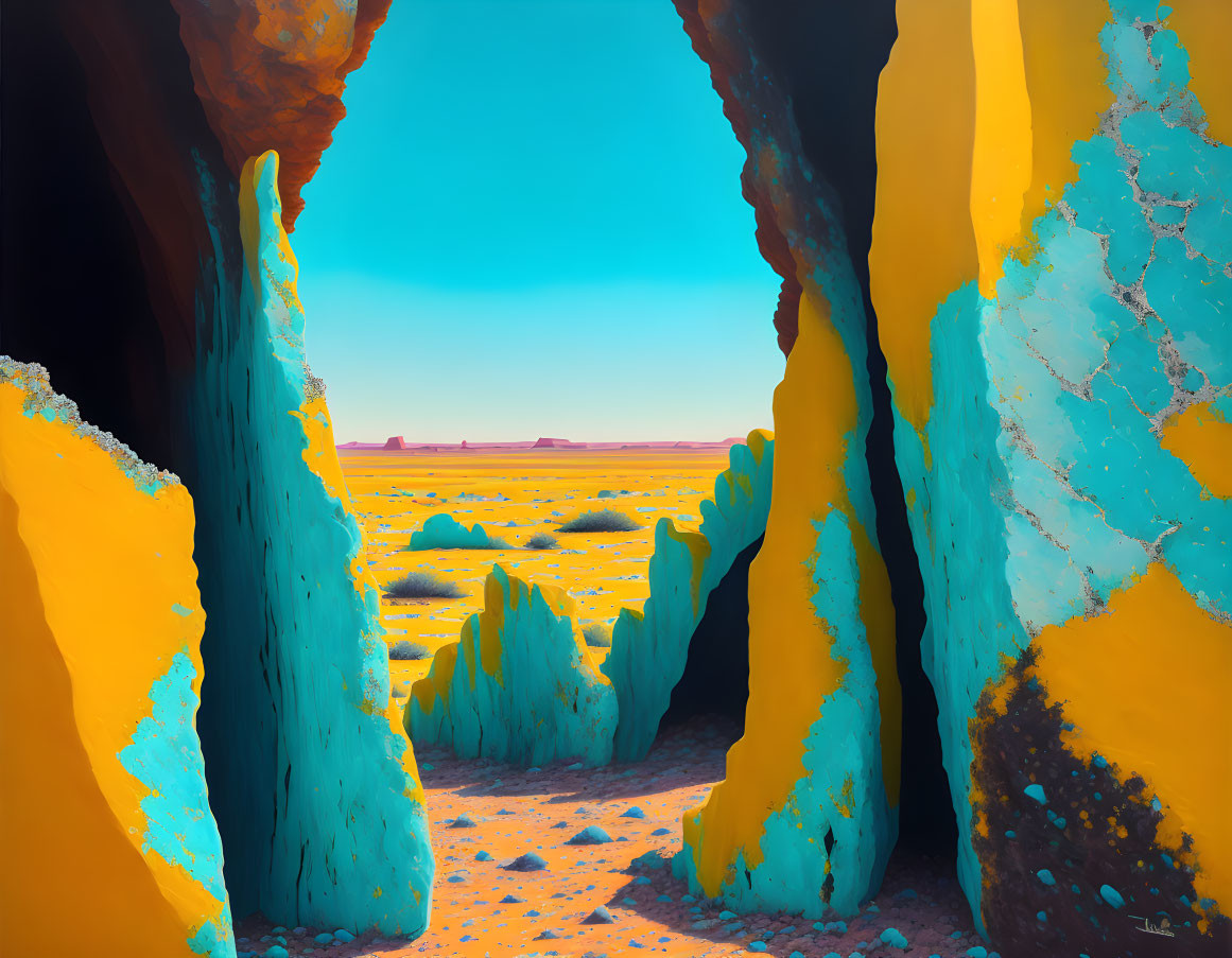 Surreal landscape with blue and yellow rock formations