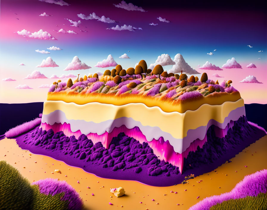 Surreal landscape with cake-like terrain and purple foliage