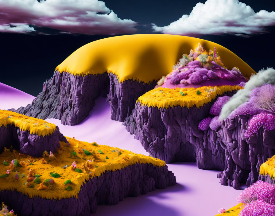 Vibrant surreal landscape with purple terrain and yellow hills