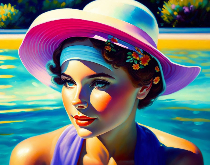 Colorful painting: Woman in sunhat with flowers against blue water