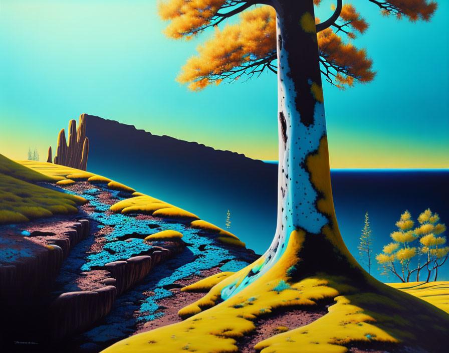 Vibrant blue river, golden foliage, and yellow pathway in surreal landscape