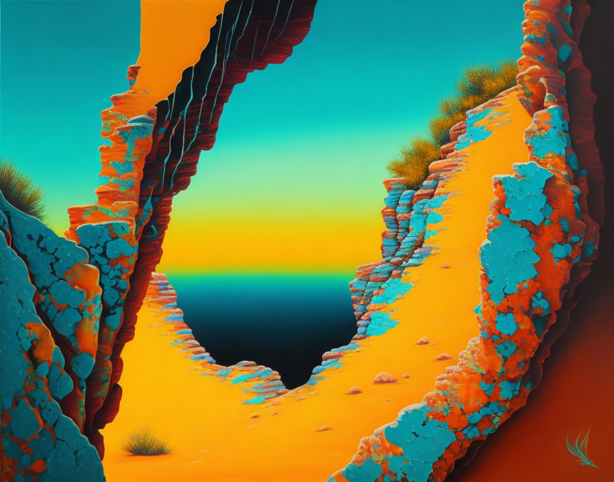 Surrealist landscape with orange and blue rock formations at sunset