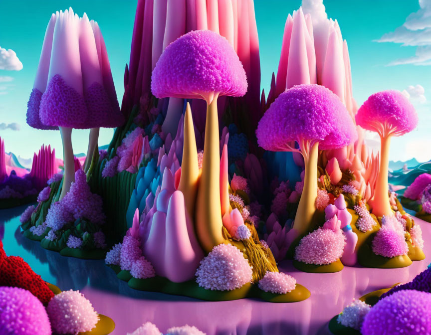 Colorful Mushroom-Like Structures in Surreal Landscape